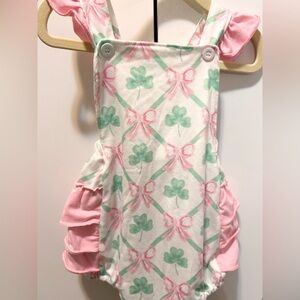 Girls Smocked Pink and Green Shamrock Bubble Ruffle Romper
